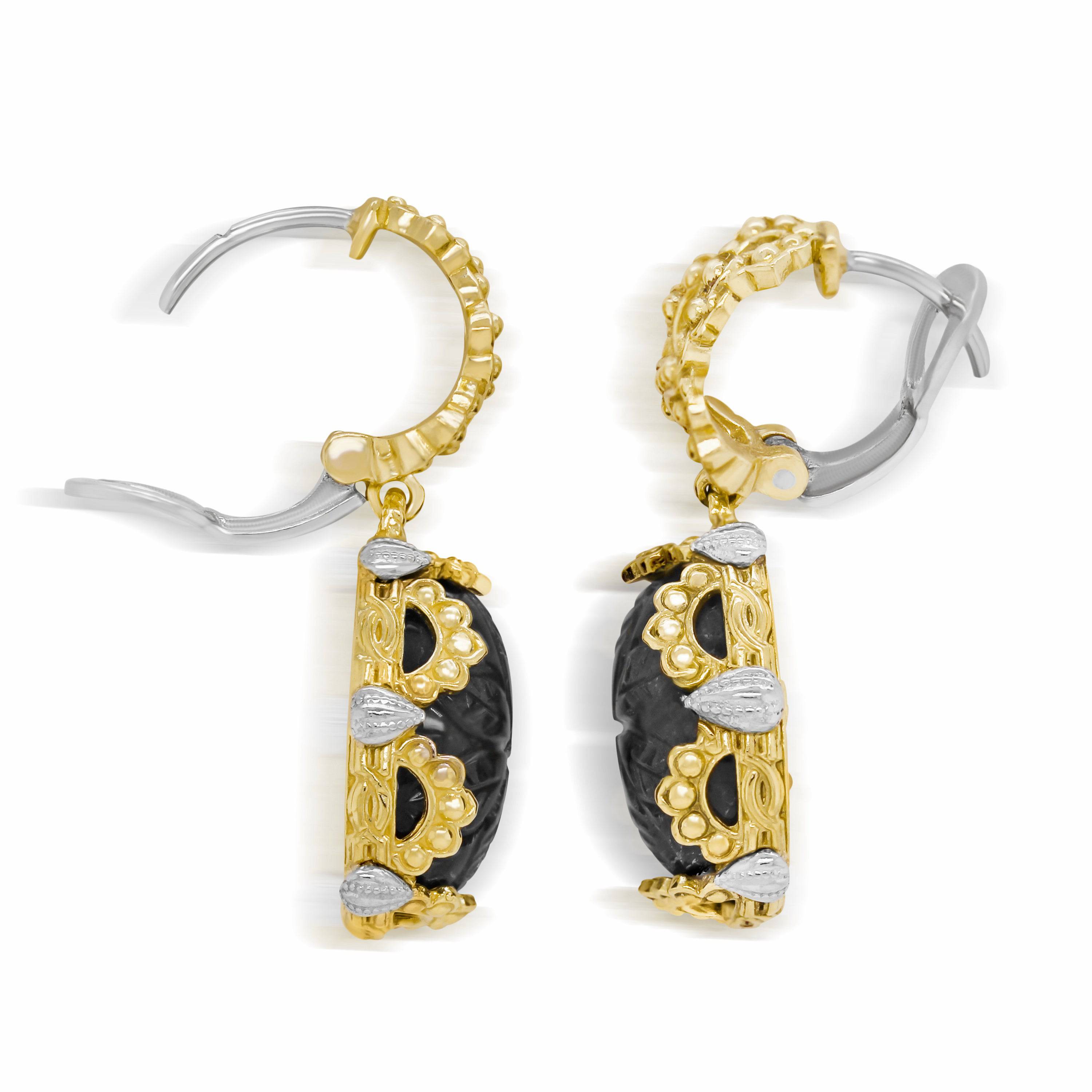 18K GOLD FLORAL CARVED LABRADORITE DROP EARRINGS - Stambolian | House of Jewels