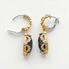 18K Two Tone Gold Floral Carved Labradorite Drop Earrings