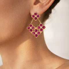 Stambolian Happiness 18K Gold Magenta Garnet and Diamond Heart Cluster Earrings Front View