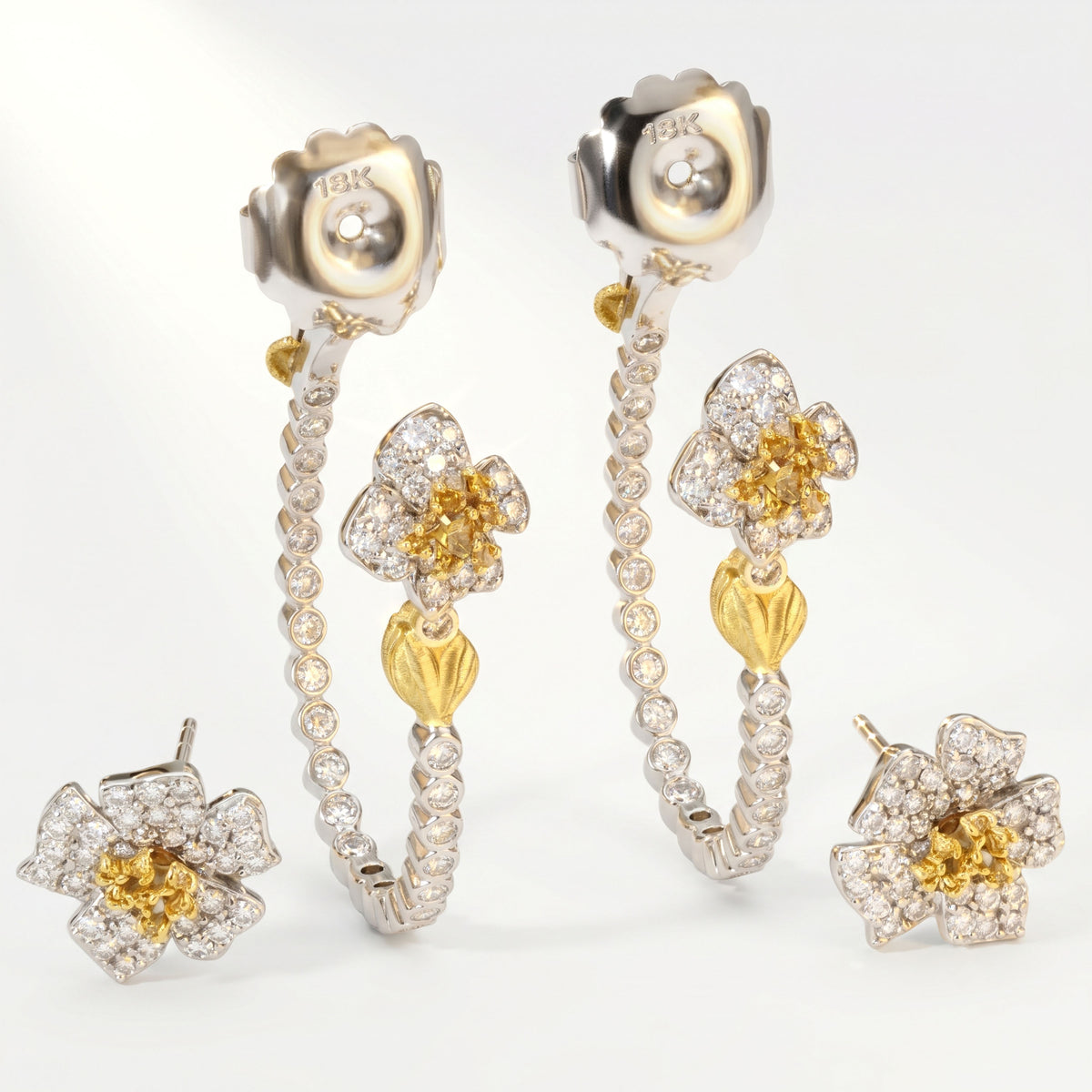 "Enchanted Garden" 18K white and yellow gold floral hoop earrings with diamonds, back view with detachable studs