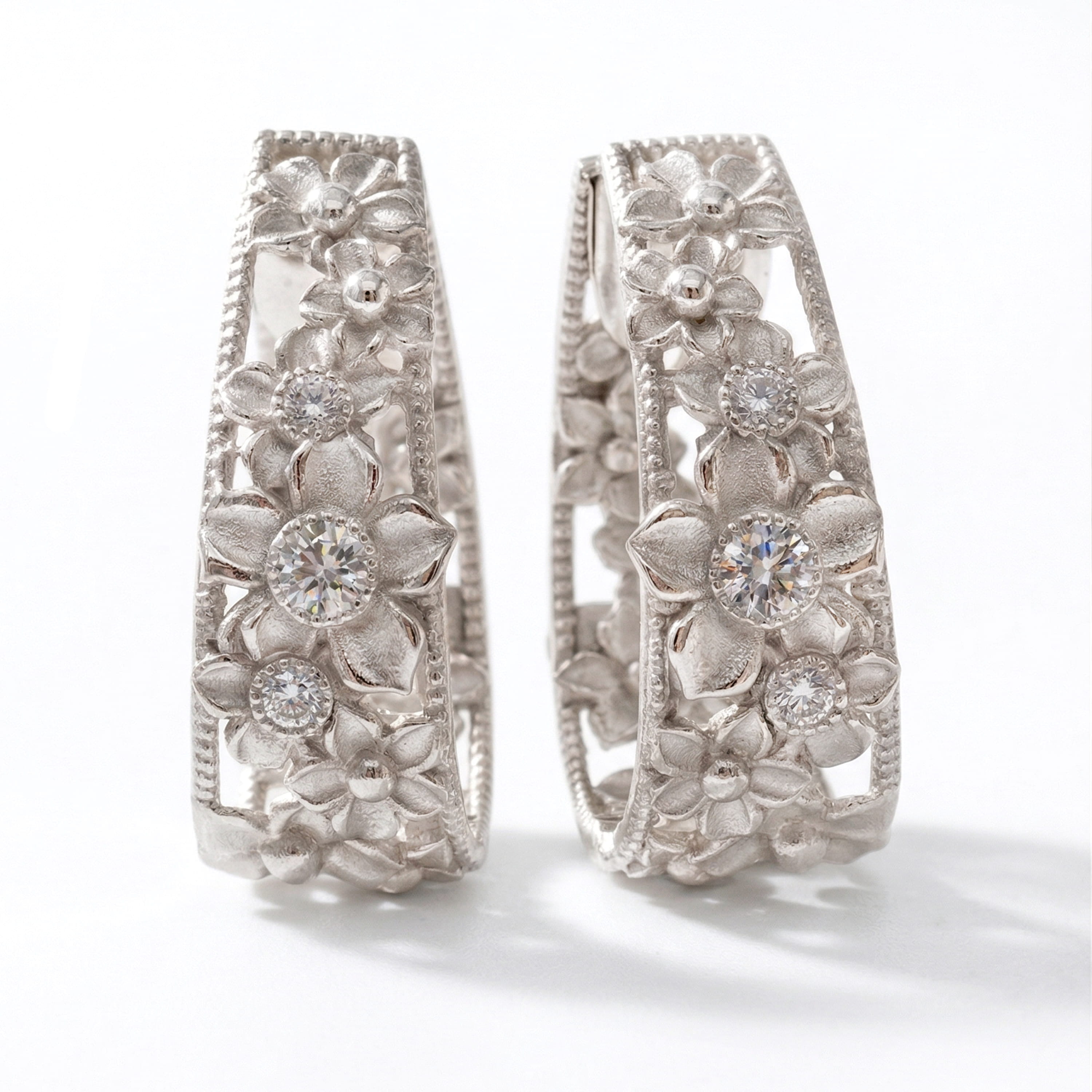 Stambolian Mayflower 18K White Gold Diamond Floral Inside-Out Hoop Earrings Front View