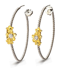18K TWO-TONE GOLD AND DIAMOND FLORAL HOOP EARRINGS