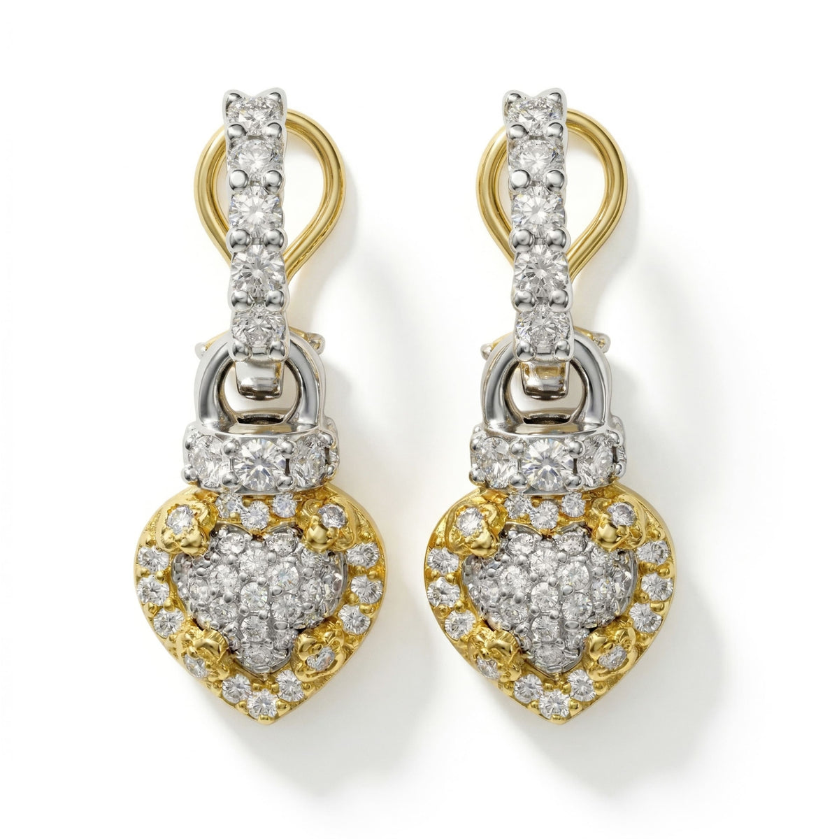 "Everything Hearts" 18K two-tone gold diamond heart drop earrings, pair shown together