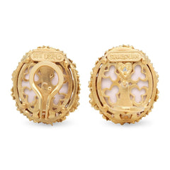 MAYFLOWER 18K GOLD WHITE AGATE DIAMONDS FLORAL BUTTON EARRINGS