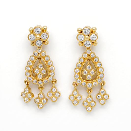 Dangling diamond chandelier earrings in 18K yellow gold, pair shown together