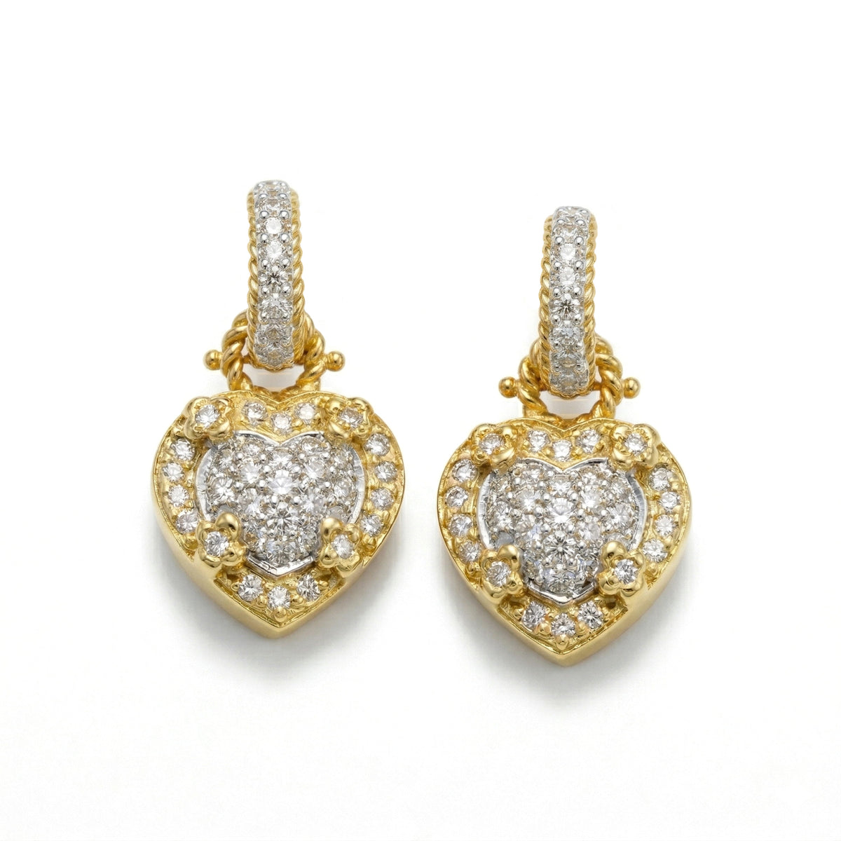 "Everything Hearts" 18K two tone gold diamond small heart drop earrings, pair shown together, front view
