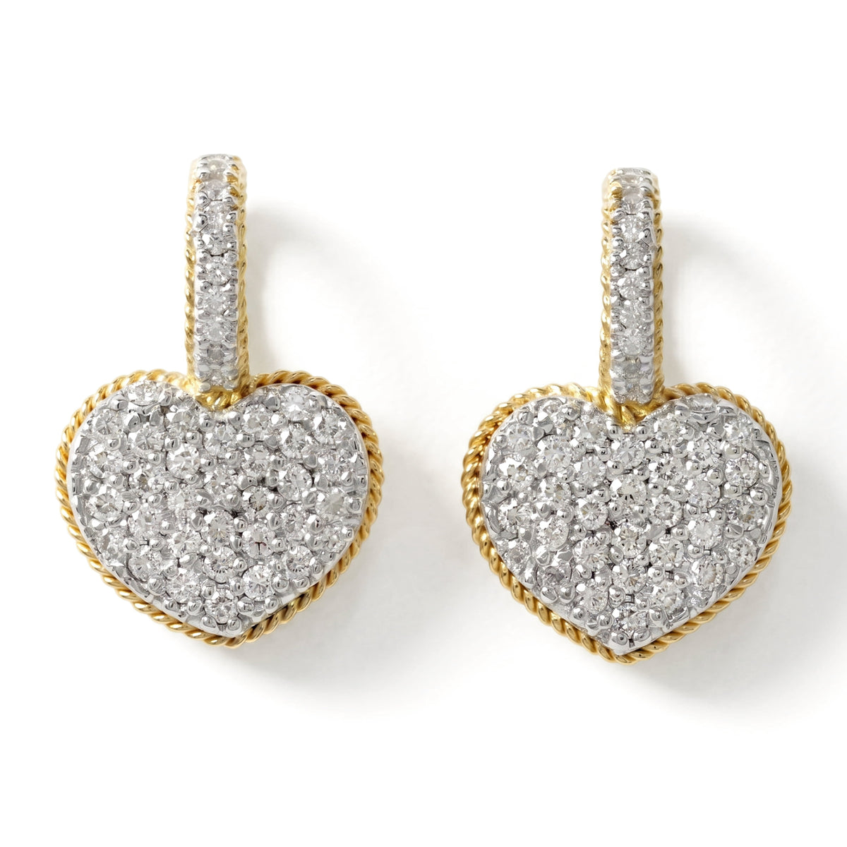 Diamond heart earrings in 18K gold with twisted rope borders, "Everything Hearts", pair shown together