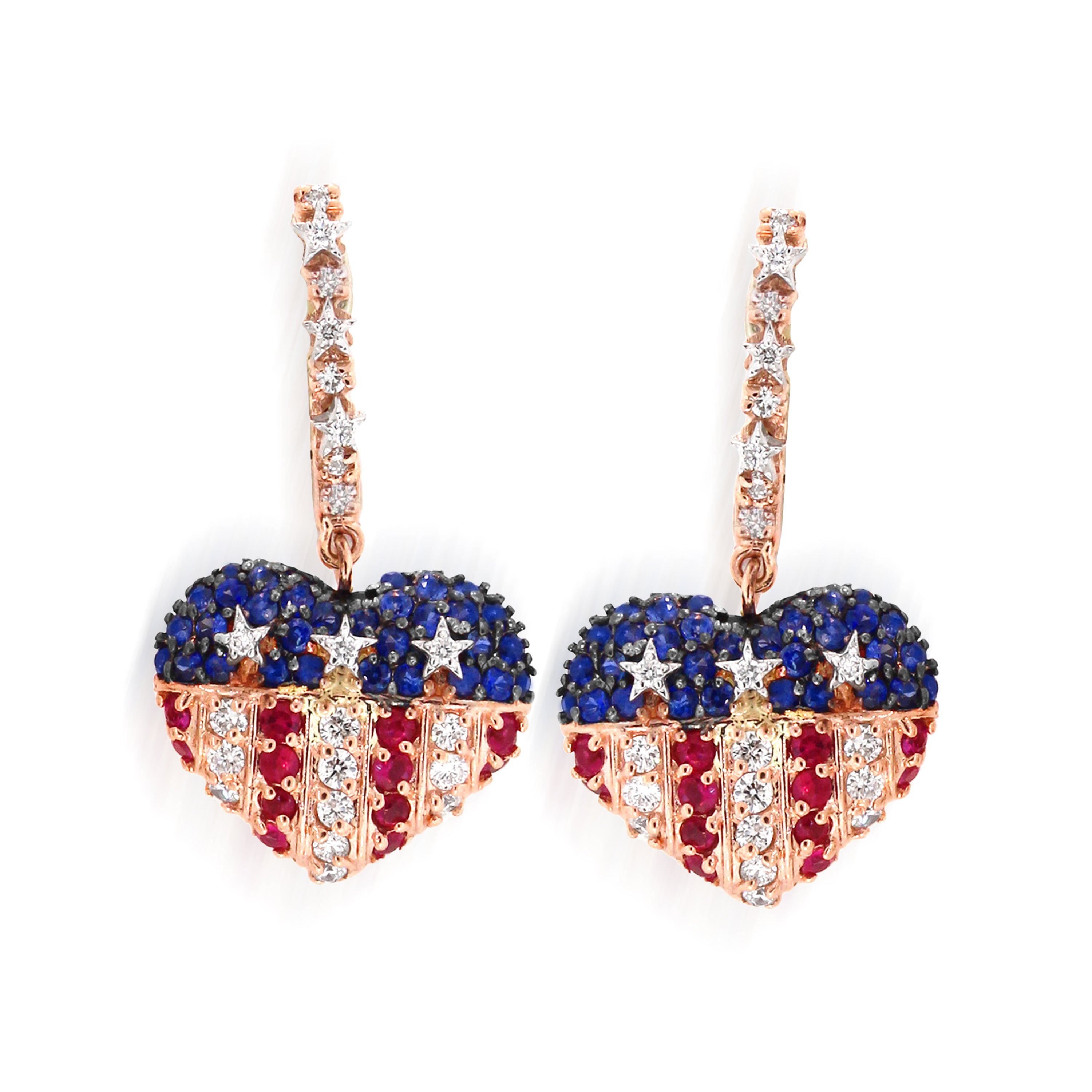 STARS AND STRIPES USA FLAG RUBY SAPPHIRE DIAMOND HEART EARRINGS - Stambolian | House of Jewels