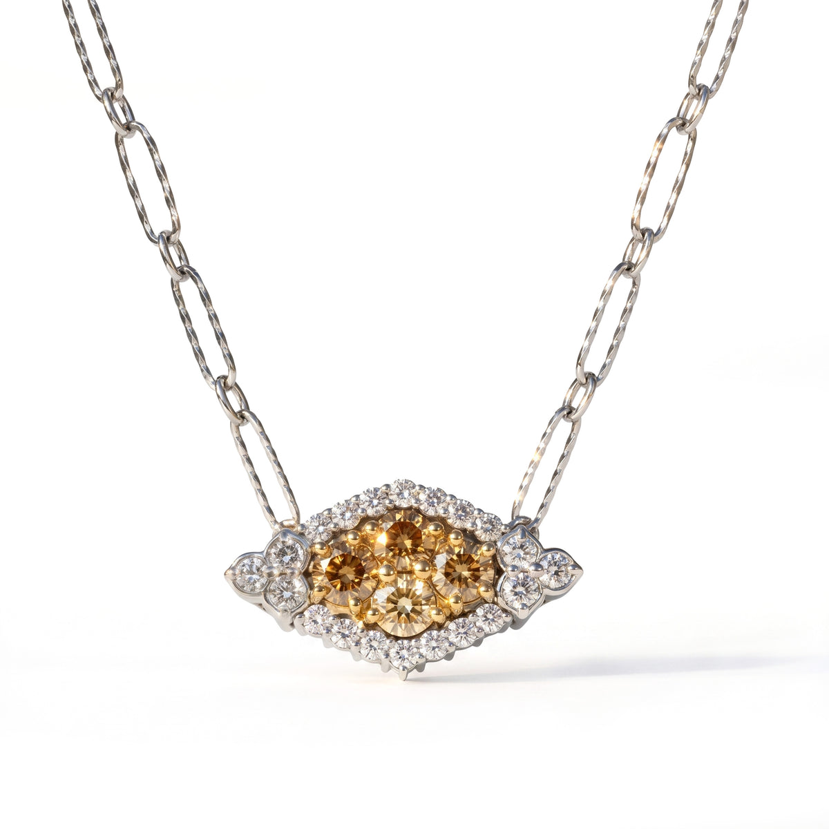 Marquise pendant necklace with fancy yellow and white diamonds in 18K gold, front view on its link chain