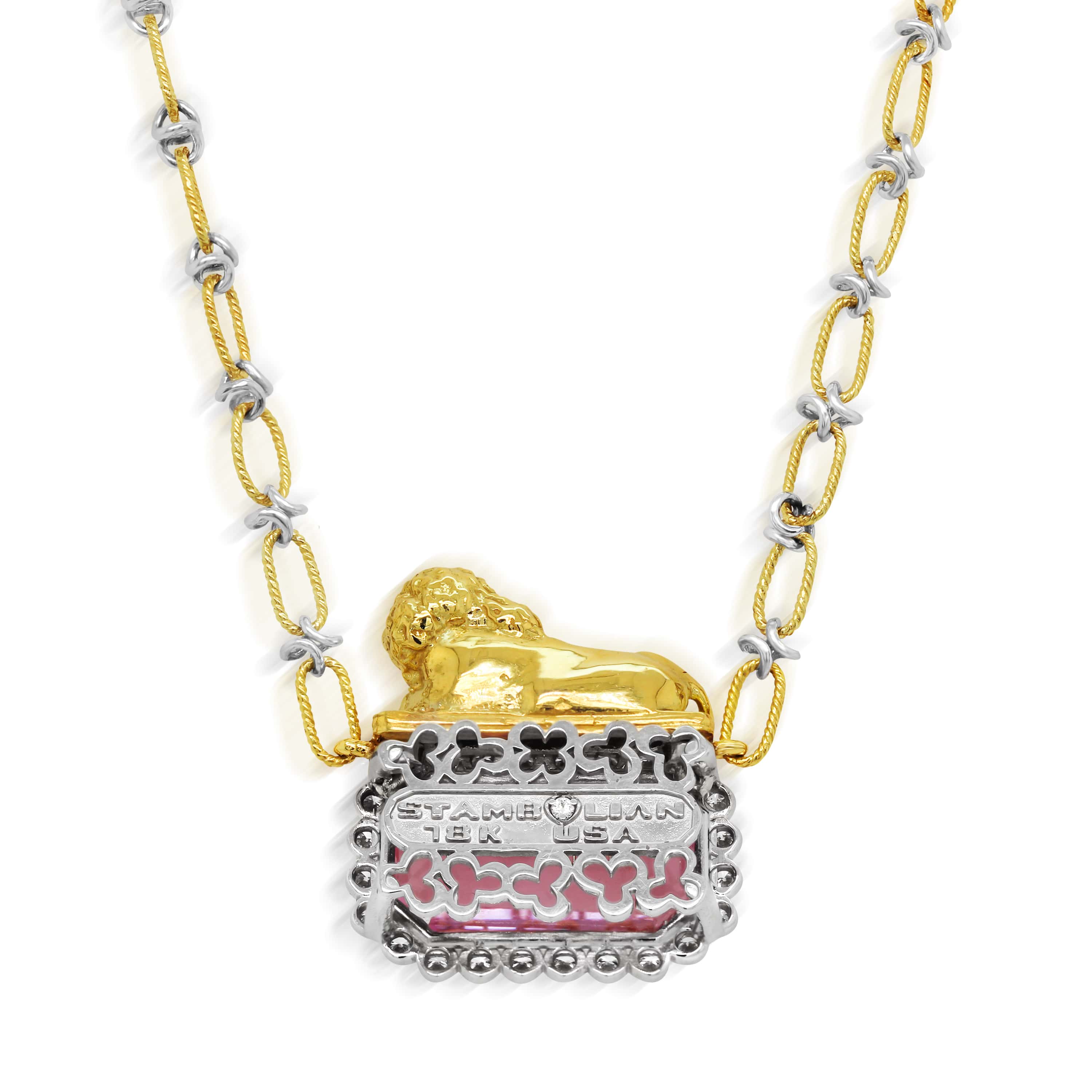 Stambolian Two King 18K Gold Lion and Kunzite Diamond Pendant Necklace Front View