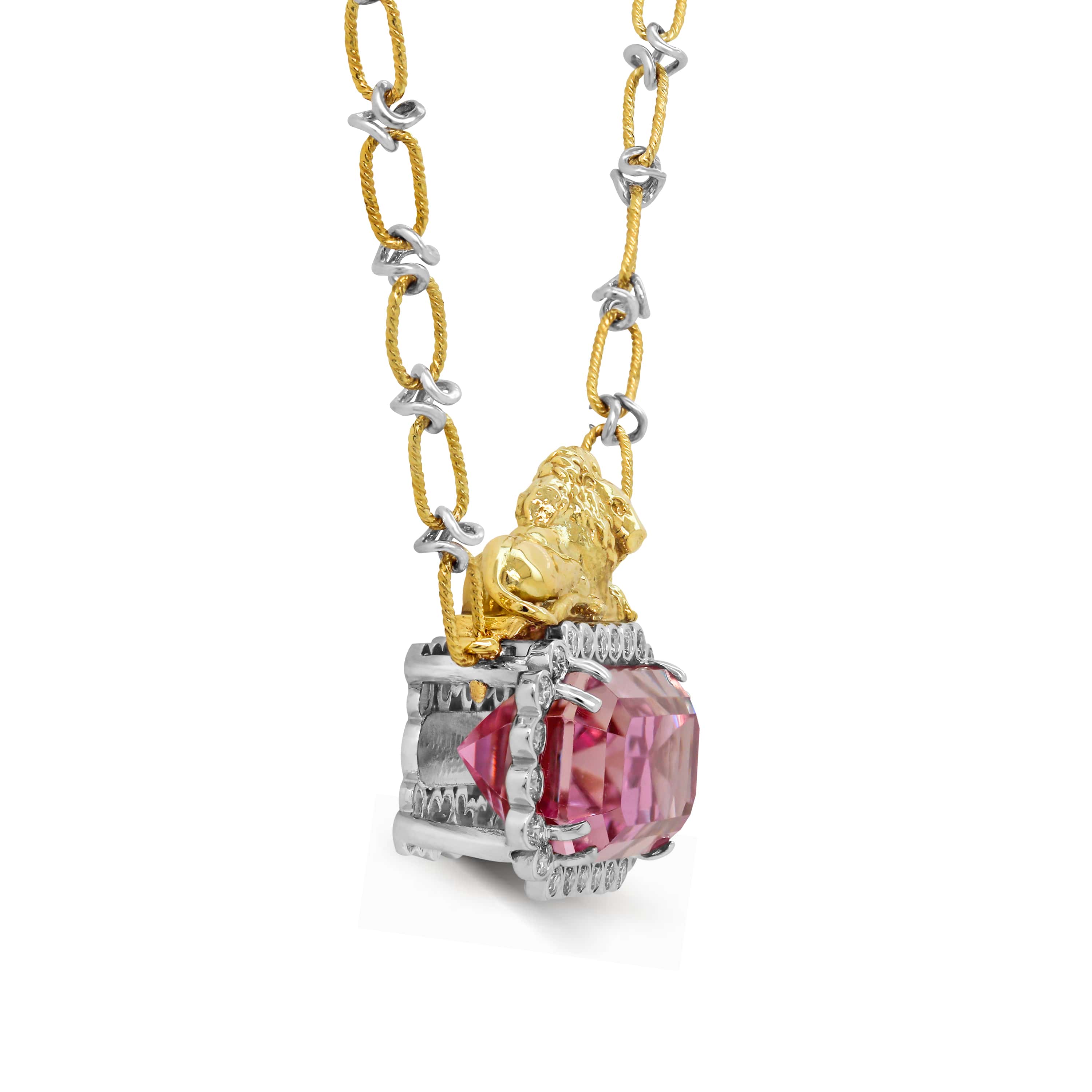 Stambolian Two King 18K Gold Lion and Kunzite Diamond Pendant Necklace Front View