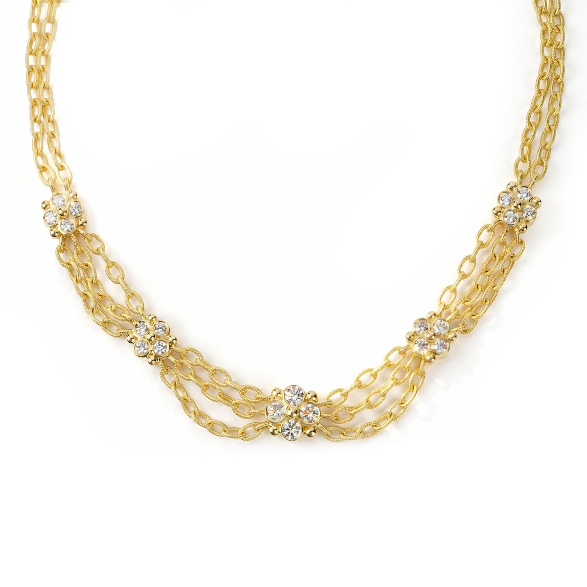 Five diamond clusters triple link necklace in 18K yellow gold, front view
