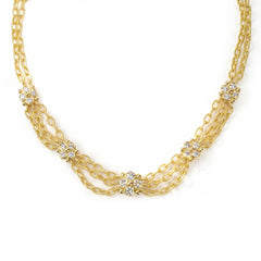 18K Gold Five Diamond Cluster Triple Link Necklace