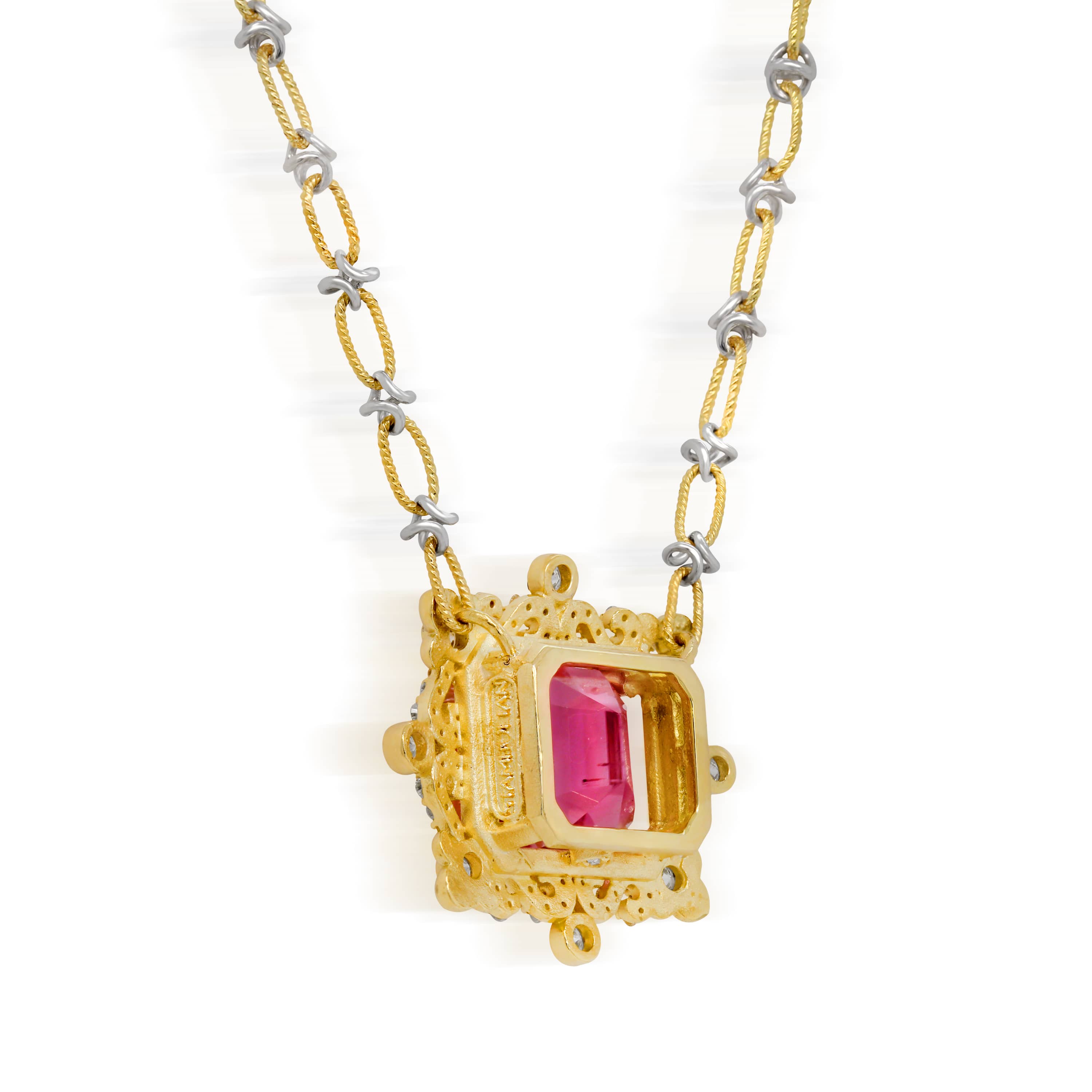 Stambolian 18K Two-Tone Gold Emerald-Cut Kunzite Diamond Pendant Close-Up