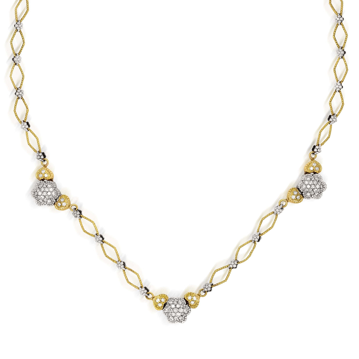 "Happiness" 18K two-tone gold necklace with diamond heart and flower stations, front view