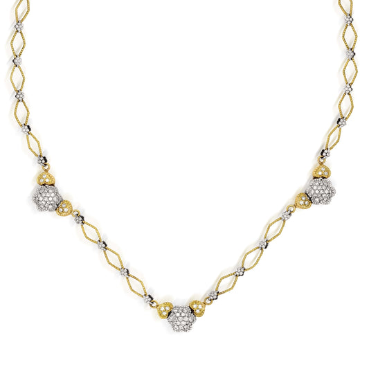 "Happiness" 18K two-tone gold necklace with diamond heart and flower stations, front view
