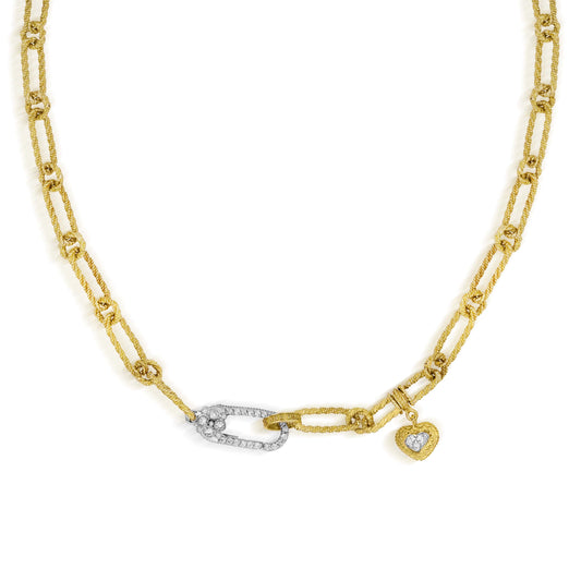 "Happiness" 18K two-tone gold link necklace with diamond clasp and heart charm, front view
