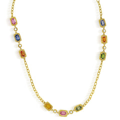 MULTI-COLOR SAPPHIRES DIAMONDS 18K GOLD THREE SECTION NECKLACE