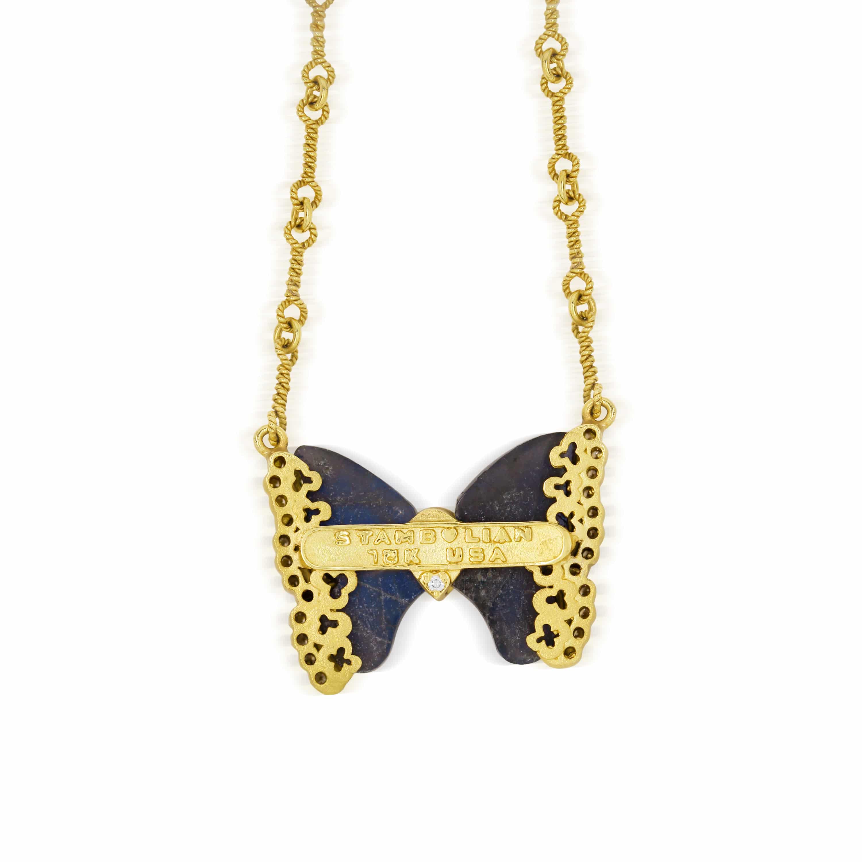 Stambolian Candy Labradorite Butterfly Necklace Showing Iridescent Blue Wing Detail