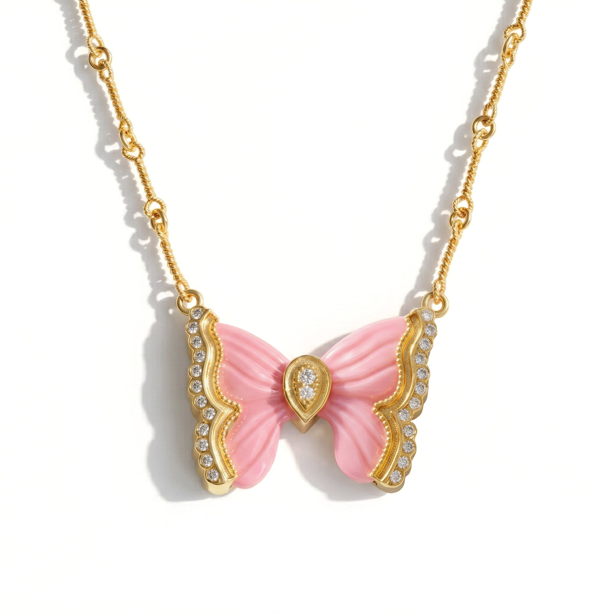 "Candy" 18K gold butterfly pendant necklace with pink Peruvian opal wings and diamonds, front view