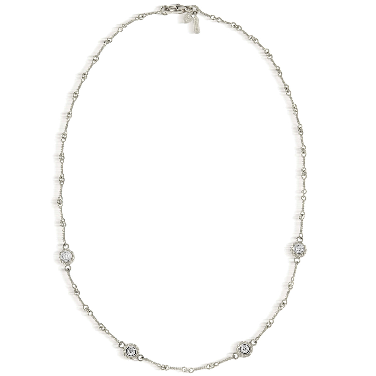 18K white gold diamond bezel station chain necklace, full length view showing the clasp