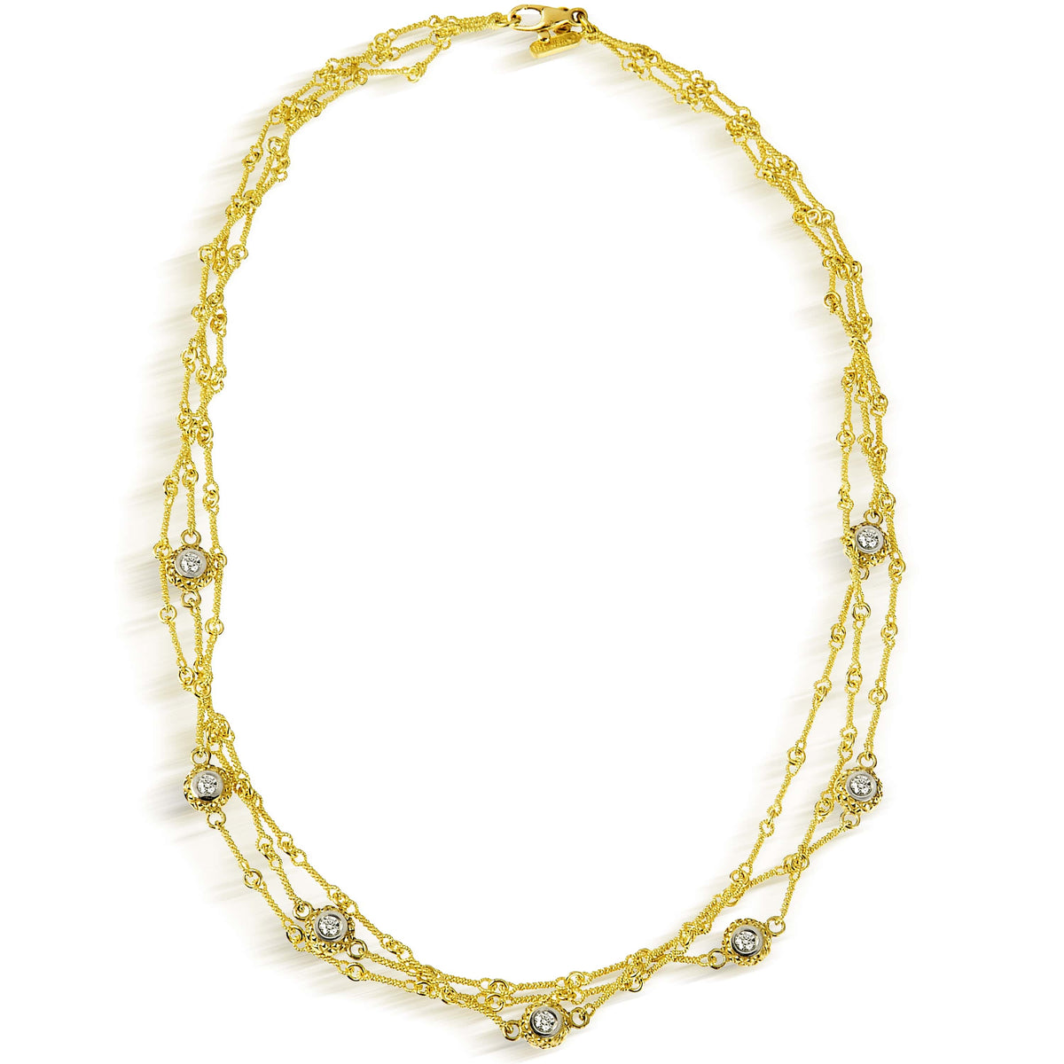 18K yellow gold triple link chain necklace with seven diamond bezels, full view showing the clasp