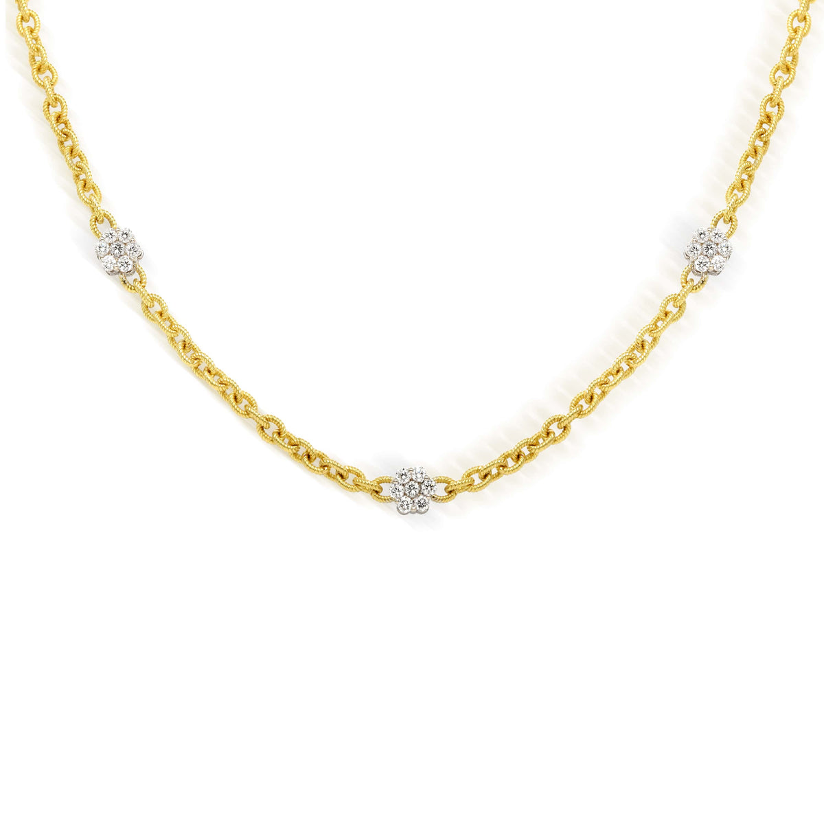 Diamond cluster long chain necklace in 18K two tone gold, close-up of the flower stations on the chain