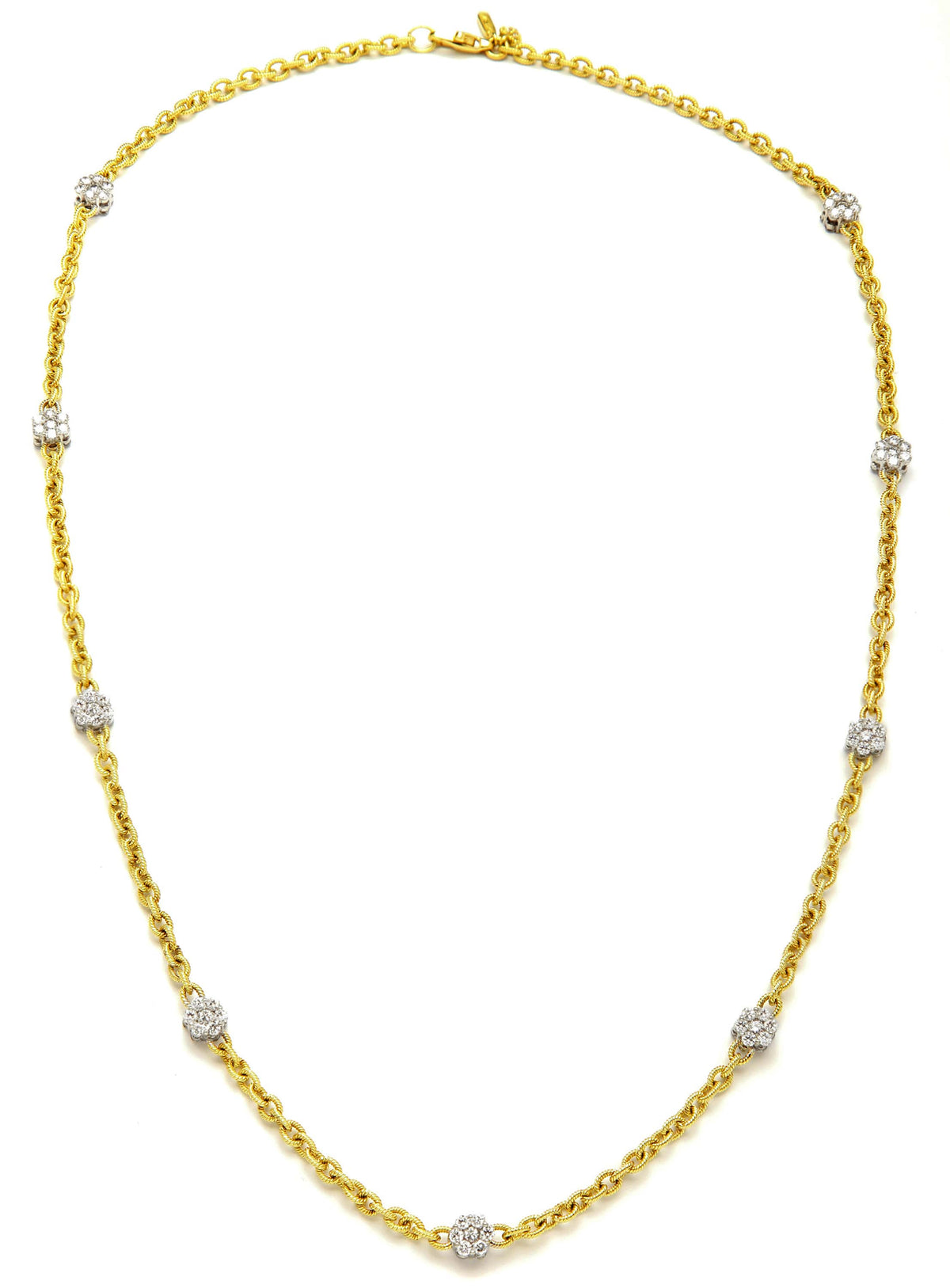 Nine diamond cluster long chain necklace in 18K two tone gold, full length front view with clasp