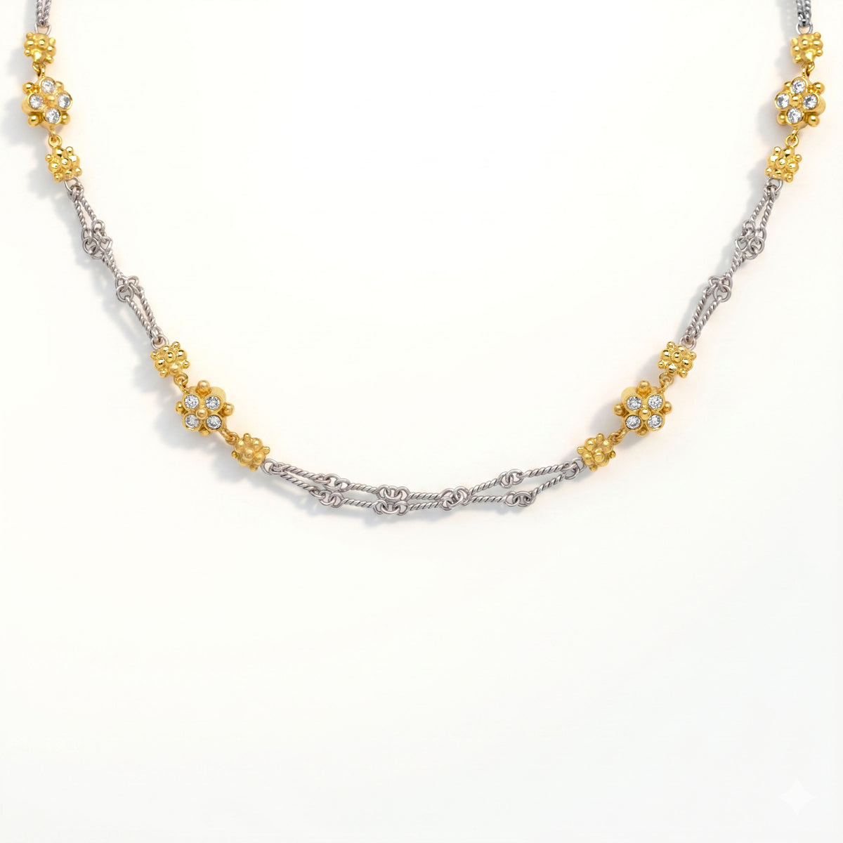 18K two-tone gold double link chain necklace with yellow gold diamond clusters, close-up of the front