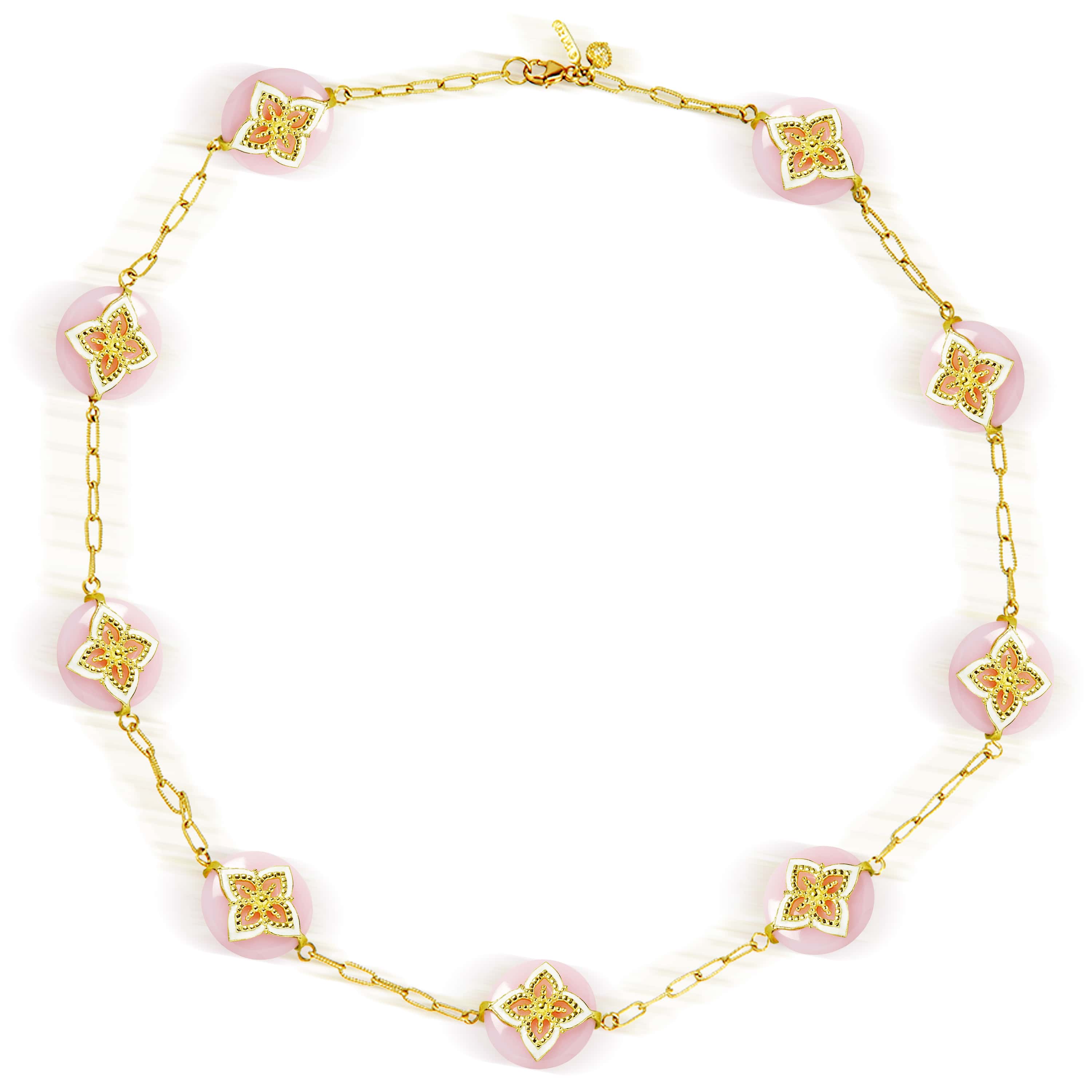 Stambolian Candy 18K Gold Station Necklace with Pink Peruvian Opal and White Enamel Close-Up