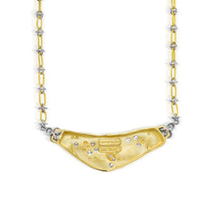 18K GOLD DIAMOND FLOWERS BAR PENDANT WITH TWO-TONE GOLD CHAIN