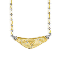 18K GOLD DIAMOND FLOWERS BAR PENDANT WITH TWO-TONE GOLD CHAIN
