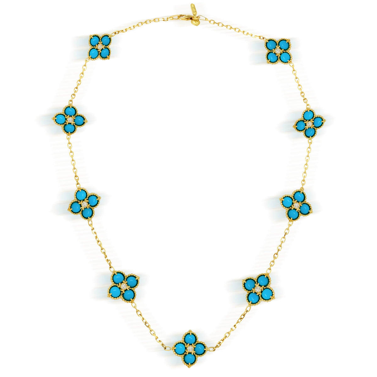 "Happiness" 18K gold double sided nine flowers necklace with turquoise and diamonds, shown with clasp