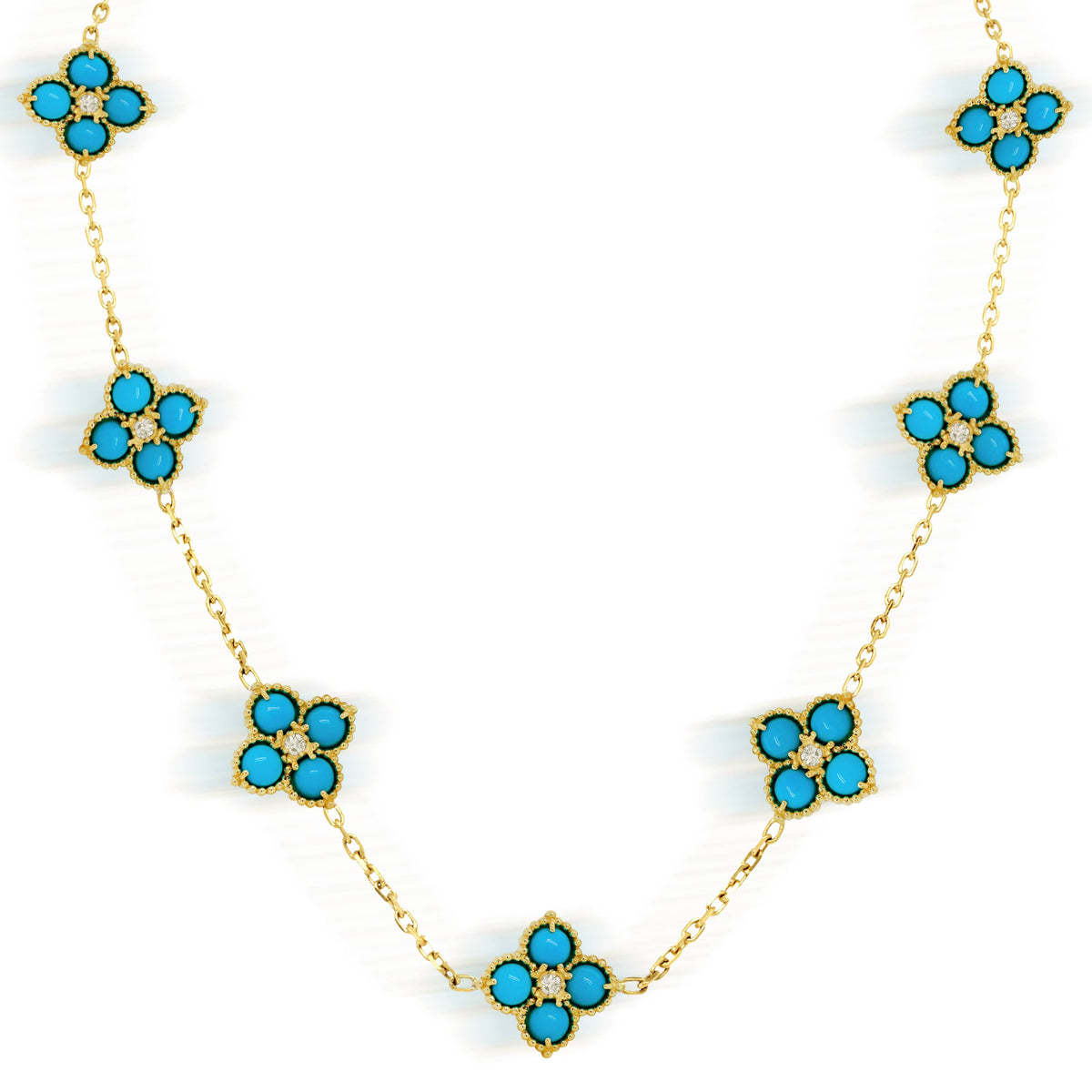 "Happiness" 18K gold necklace with Sleeping Beauty turquoise flowers and diamonds, front view