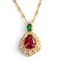 18K Two Tone Gold Rubellite Tsavorite Diamond Pendant Necklace
