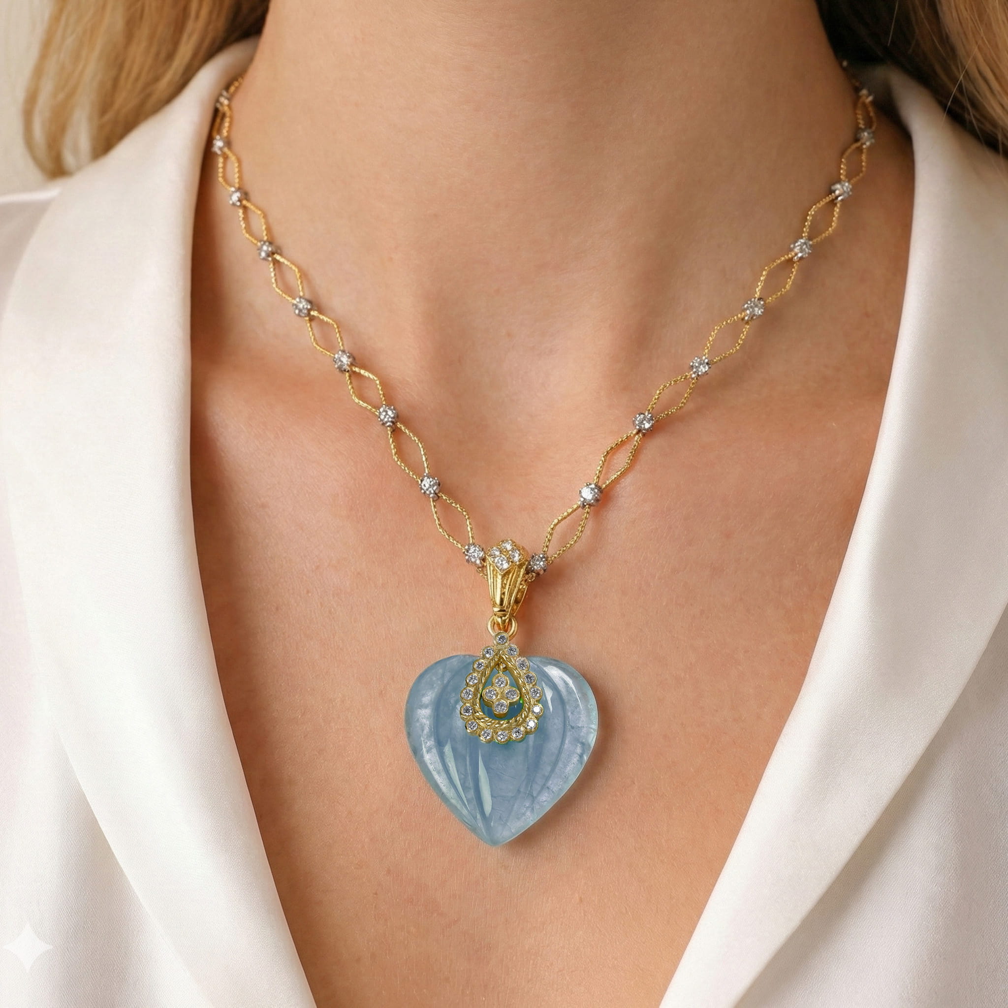 Model Wearing Stambolian Candy Aquamarine Heart Pendant on Gold Chain Showing Scale