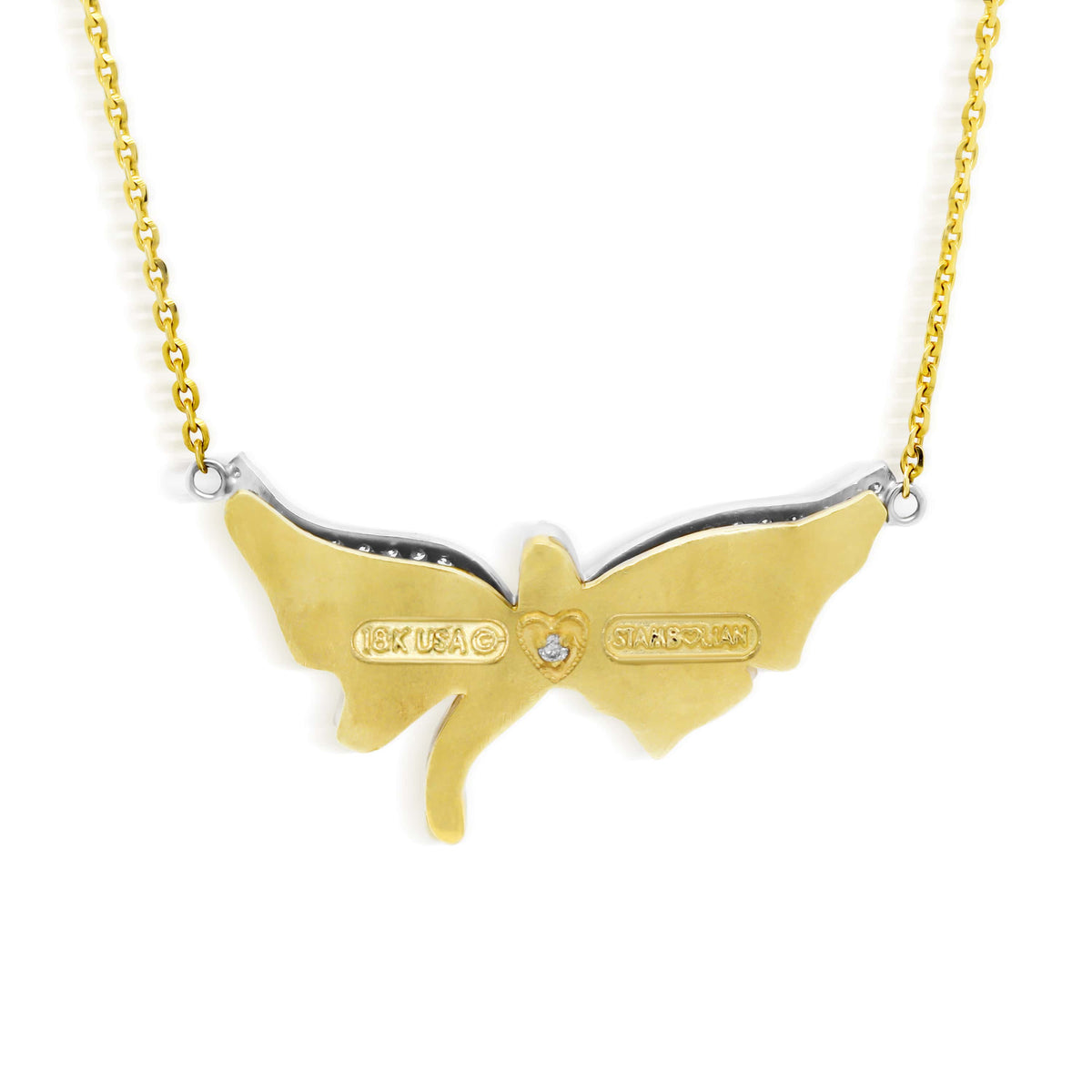 "Dragonfly" pendant necklace in 18K two tone gold, back view showing the signature diamond heart