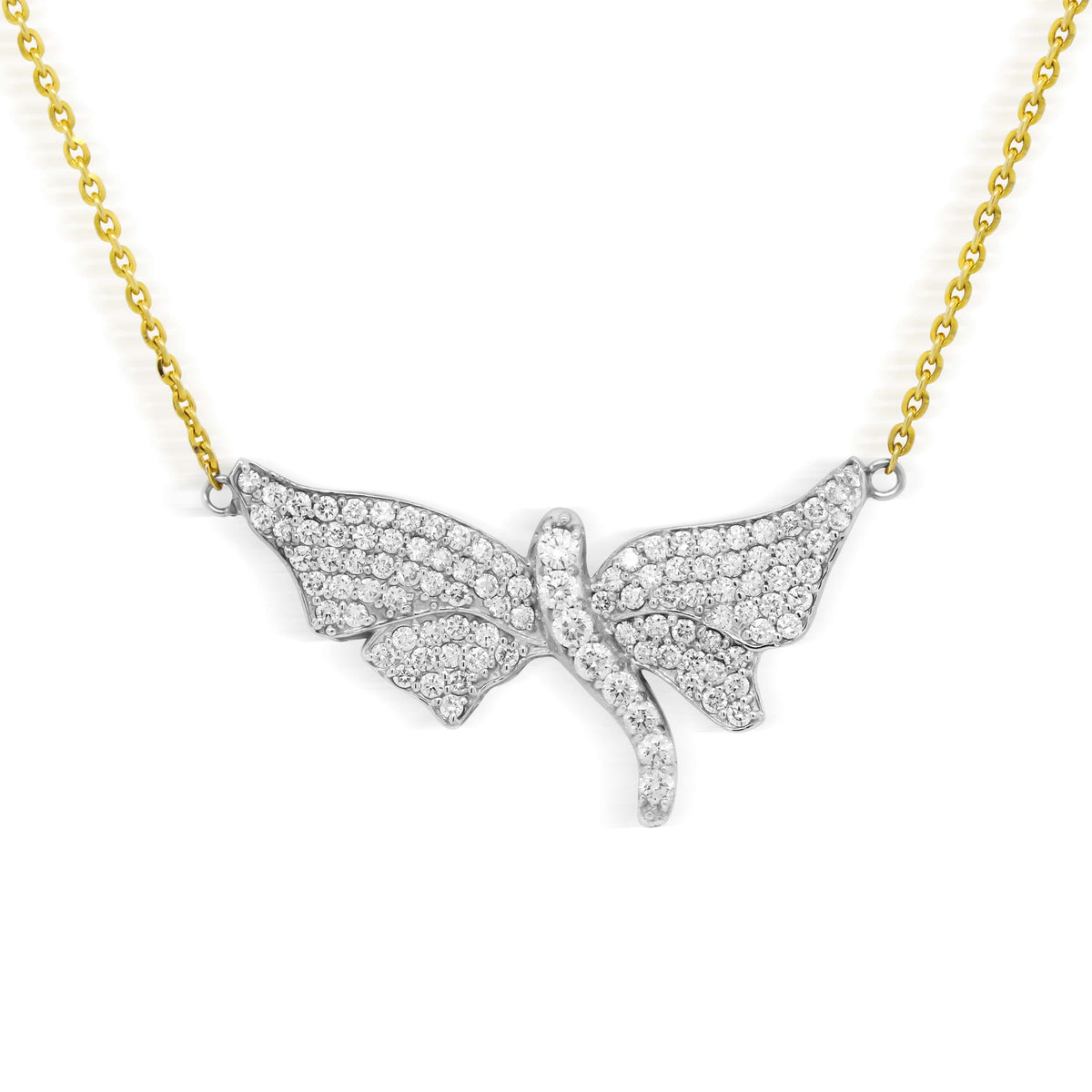 "Dragonfly" diamond pendant necklace in 18K two tone gold on a yellow gold chain, front view