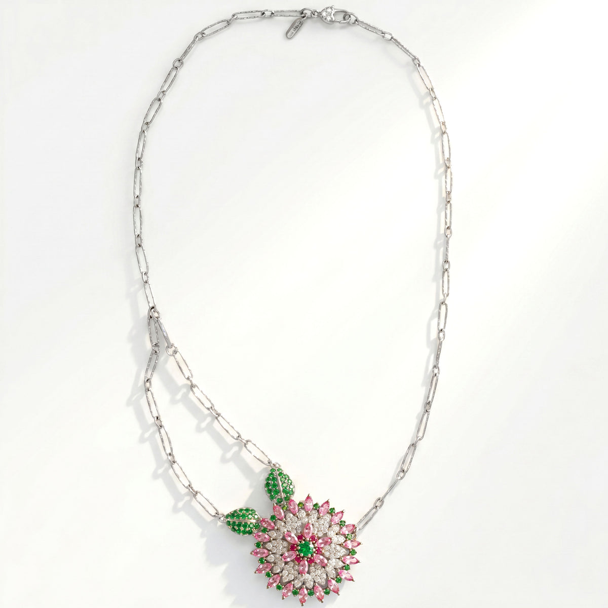 "Blooming Orchid" pink sapphire and tsavorite diamond pendant necklace in 18K white gold, full chain with double side