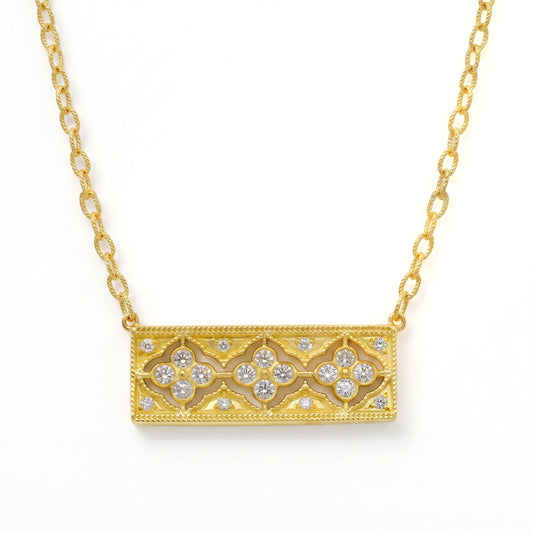 Passion bar pendant necklace in 18K gold with diamonds, front view on chain