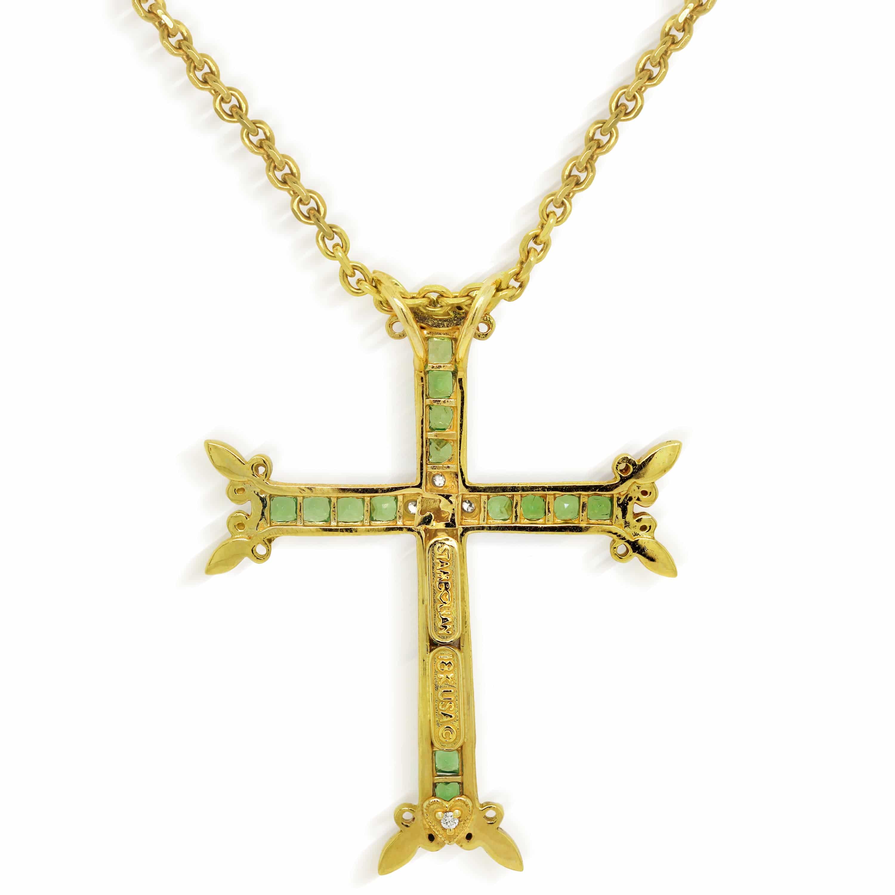 Stambolian 18K Gold Large Armenian Cross with Princess-Cut Tsavorite Garnets and Diamonds