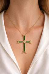 Stambolian 18K Gold Large Armenian Cross with Princess-Cut Tsavorite Garnets and Diamonds