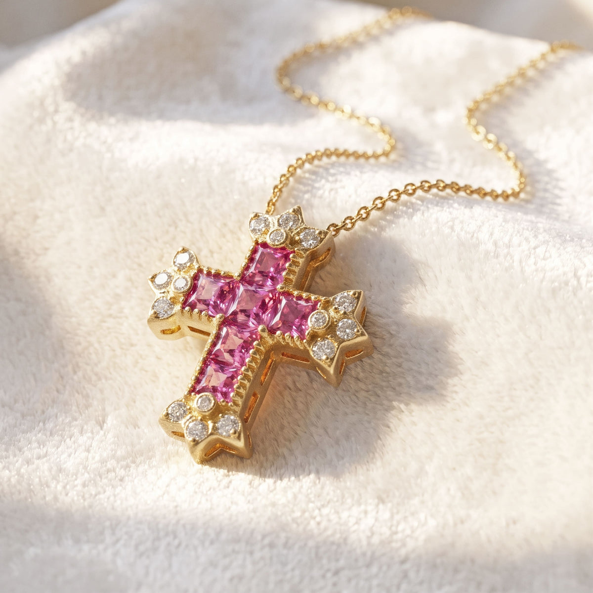 Princess-cut pink sapphire and diamond cross pendant in 18K two-tone gold, resting on soft fabric with its chain