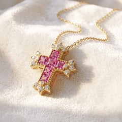 Armenian Cross Pink Sapphire Two Tone Diamond Pendant