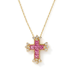 Armenian Cross Pink Sapphire Two Tone Diamond Pendant
