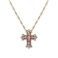 PINK SAPPHIRES DIAMONDS 18K GOLD SMALL CROSS PENDANT