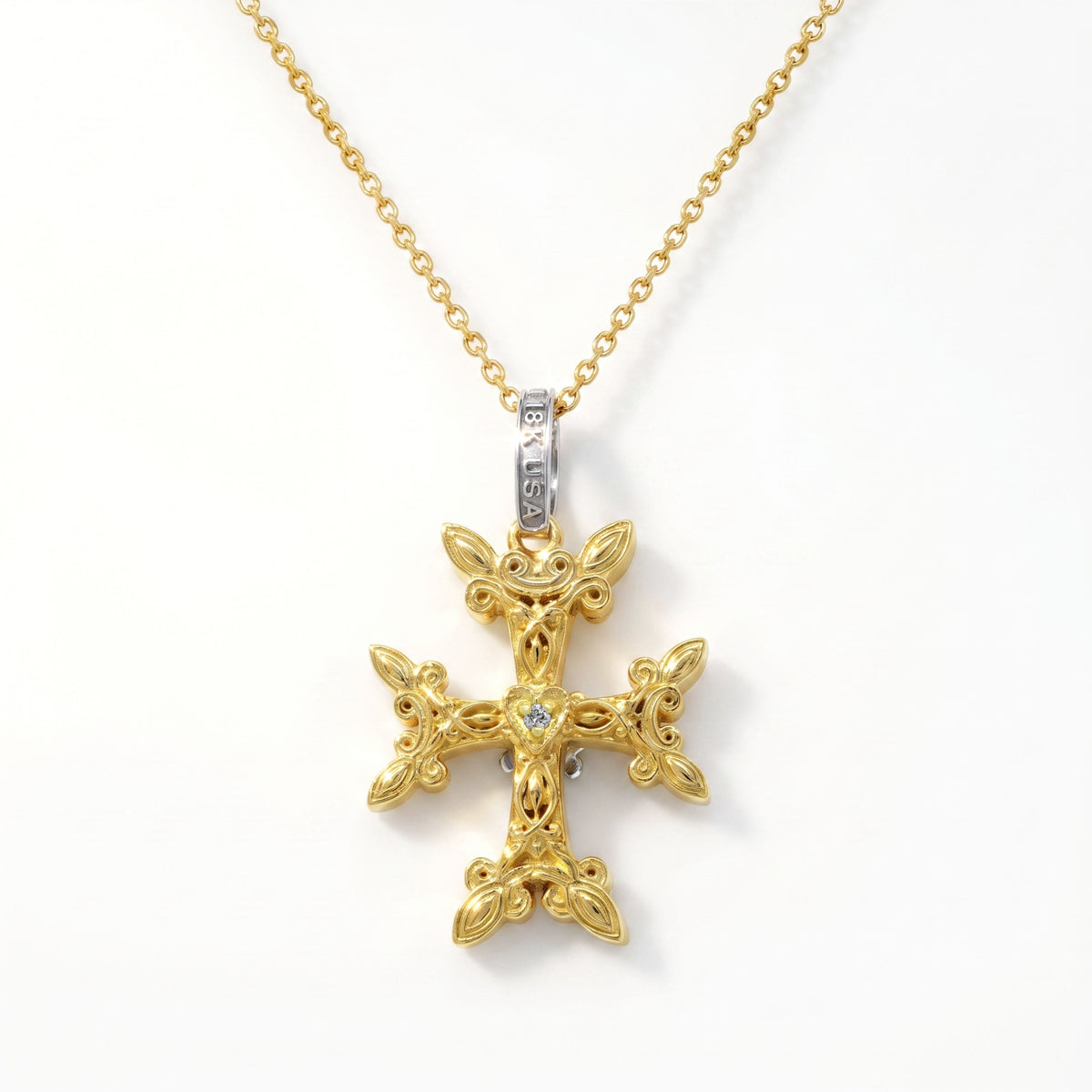 "Armenian Cross" pendant necklace in 18K two-tone gold with a diamond, yellow gold reverse side