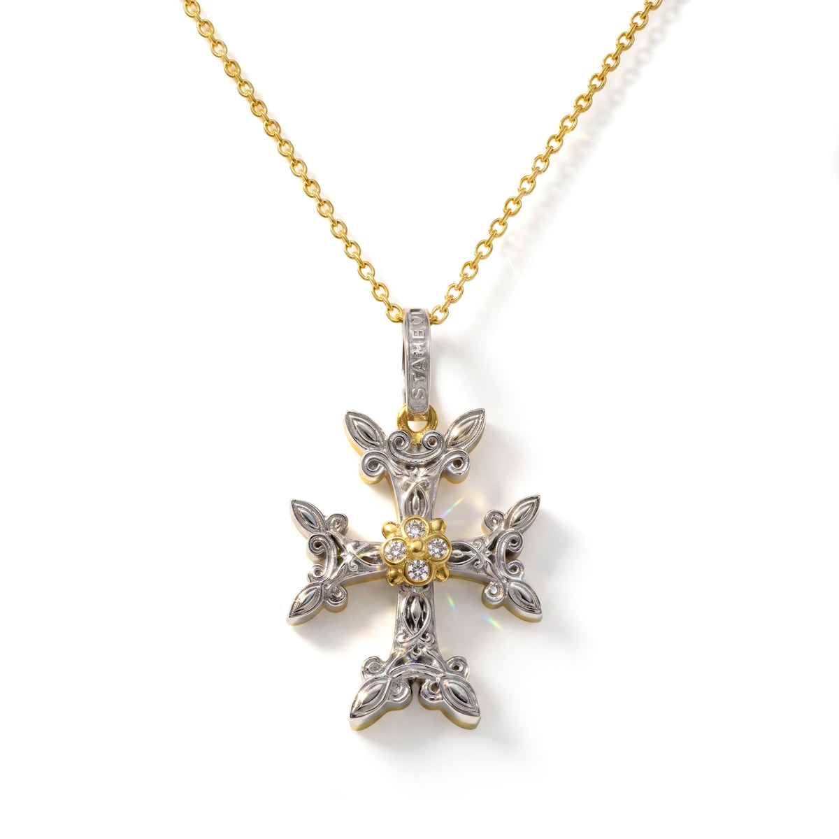 "Armenian Cross" pendant necklace in 18K two-tone gold with diamonds, front view