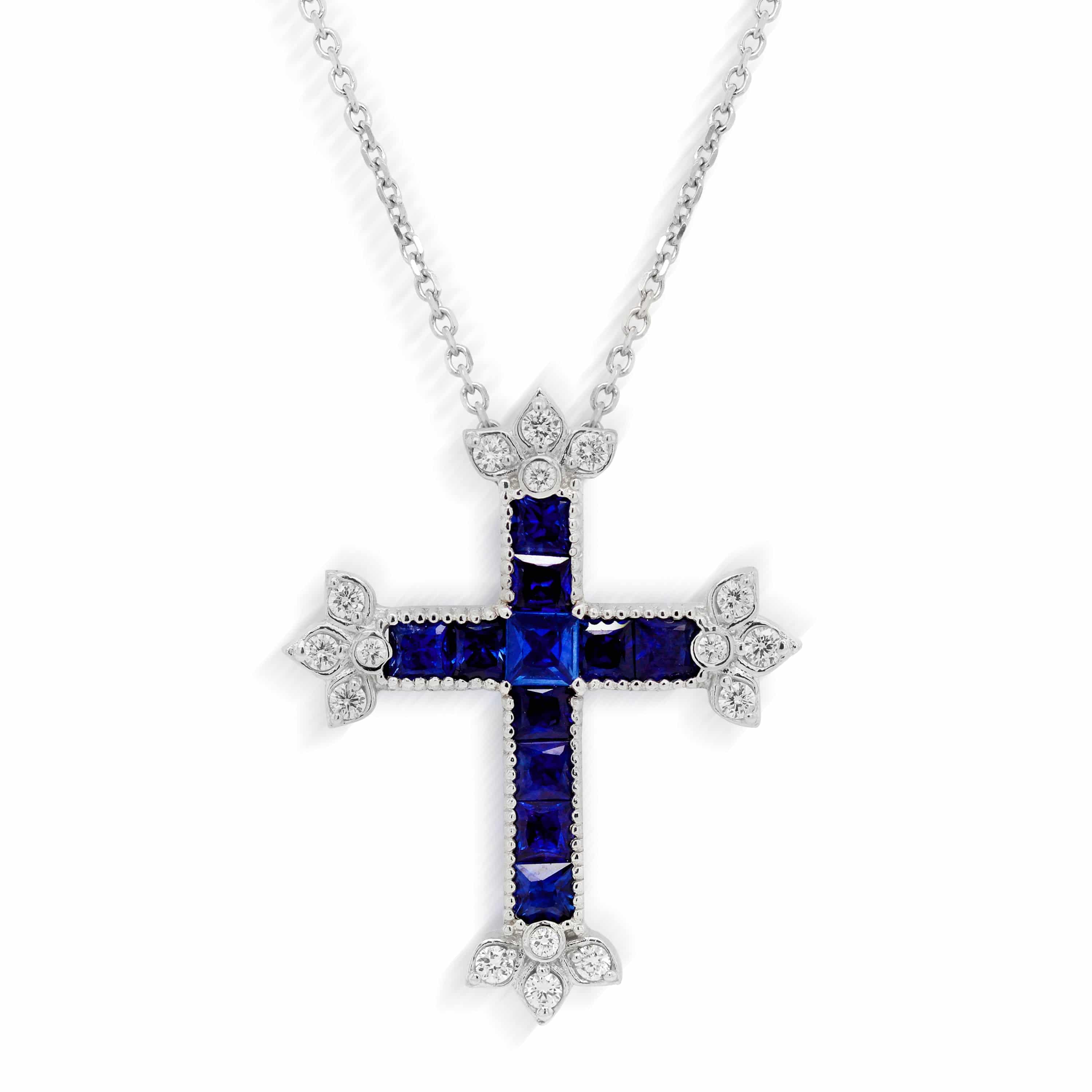 BLUE SAPPHIRE DIAMONDS 18K GOLD MEDIUM CROSS PENDANT - Stambolian | House of Jewels