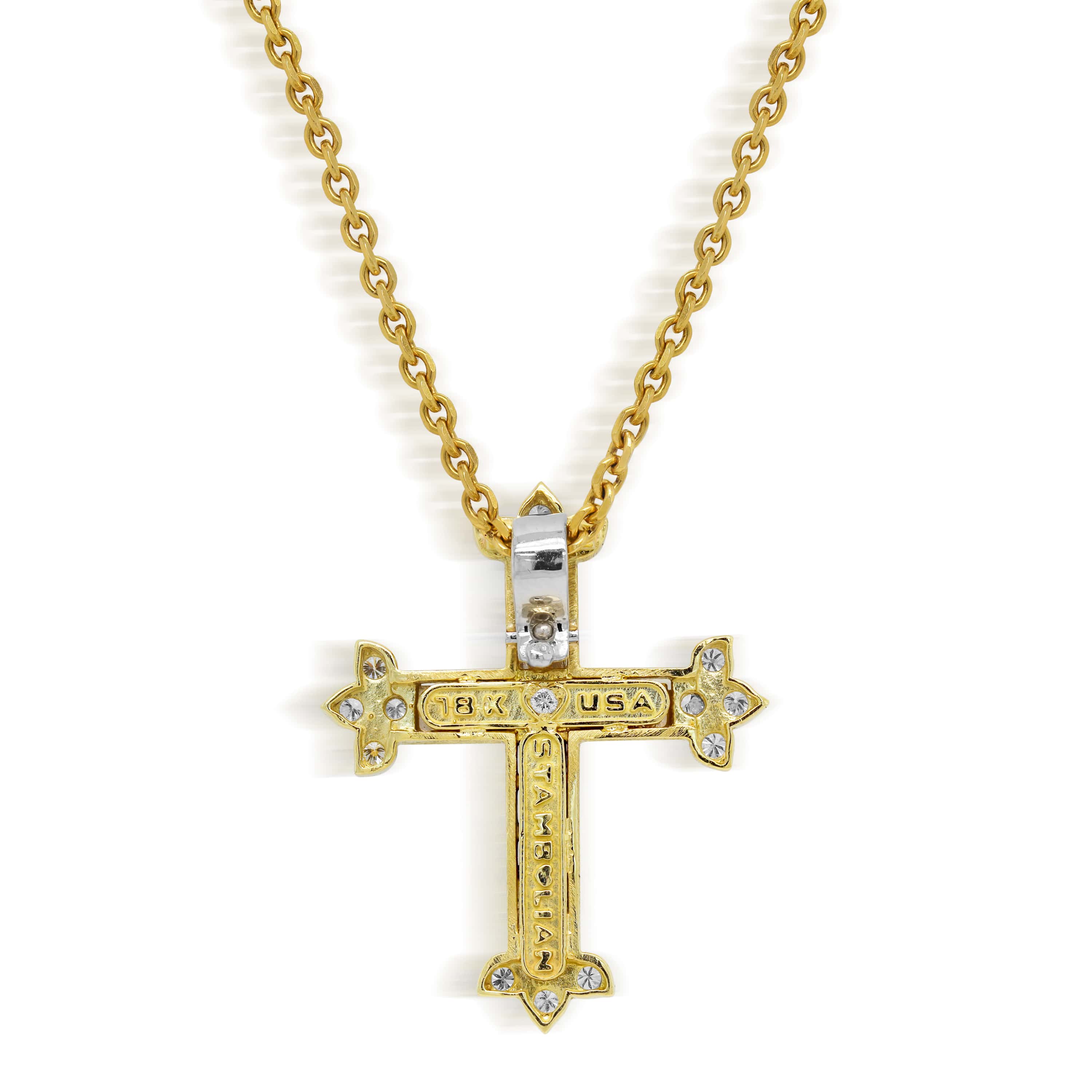 Stambolian 18K Gold Armenian Cross Pendant with Green Tsavorite Garnets and Diamonds
